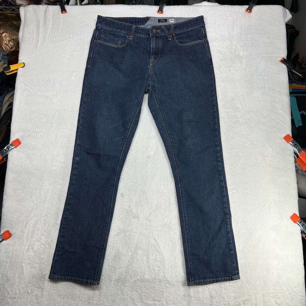 Volcom Vorta Slim Straight Jeans Mens 33 Blue Denim Distressed Zip Fly - 35X30.5